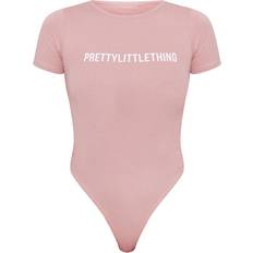 PrettyLittleThing Pink Bodystockings PrettyLittleThing Logo Short Sleeve Bodysuit - Light Pink