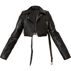 PrettyLittleThing 32 - Dame Overtøj PrettyLittleThing Faux Leather Super Cropped Belted Biker Jacket - Black