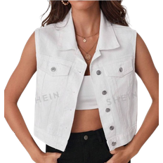 6 - Hvid Overtøj Shein Essnce Flap Pocket Button Front Vest Denim Jacket