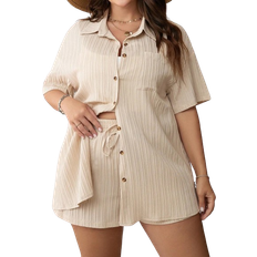 Shein WYWH Plus Drop Shoulder Shirt & Drawstring Waist Shorts Two Piece Outfits
