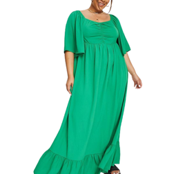 Yours Curve Ruched Angel Sleeve Dress - Green