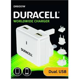 Duracell 230V til 2 x USB oplader 2.4A & 1.0A Hvid