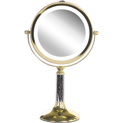 Beliani Makeup Spejl Guld Jern Metal Stel ø 13 cm med LED Lys 1x/5x Forstørrelse Dobbeltsidet Kosmetisk Skrivebord