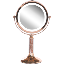 Beliani Makeup Spejl Rose Guld Jern Metal Stel ø 13 cm med LED Lys 1x/5x Forstørrelse Dobbeltsidet Kosmetisk Skrivebord