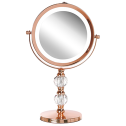 Beliani Makeup Spejl Rose Guld Metal Stel ø 13 cm med LED Lys 1x/5x Forstørrelse Dobbeltsidet Kosmetisk Skrivebord