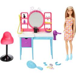 Barbie Doll and Hair Salon Playset, Long Color-Change Hair, Houndstooth-Print Dress, 15 Styling Accessories​​​