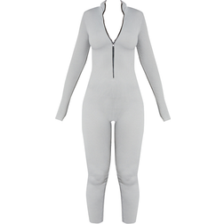 PrettyLittleThing Structured Contour Rib Zip Jumpsuit - Grey Marl