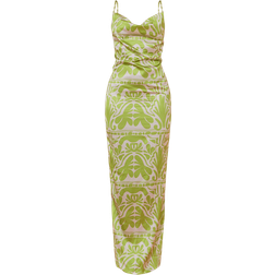 PrettyLittleThing Baroque Print Satin Cowl Neck Maxi Dress - Green