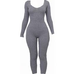 PrettyLittleThing Long Sleeve Knitted Jumpsuit - Charcoal