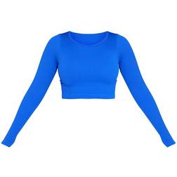 PrettyLittleThing Structured Contour Ribbed Round Neck Long Sleeve Crop Top - Cobalt