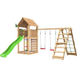 Jungle Gym Cabin 2.1 legetårn med Climb modul, 120 kg sand og grøn rutsjebane
