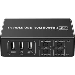 Nördic KVM Switch 4 PC til 1xHDMI 4K 60Hz og 4xUSB HDCP 2.2 til Xbox, PS5, Laptop