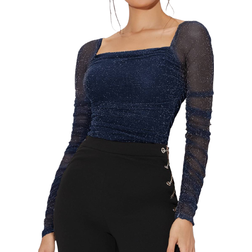 Shein Prive Mesh Panel Ruched Glitter Top - Navy Blue