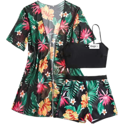Shein Tropical Print Bikini Set Wireless Cami Top & Boxer Shorts & Open Front Kimono Piece Swimwear