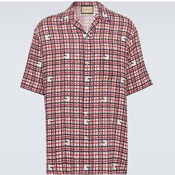 Gucci Square-g Tartan-print Linen Shirt Mens Red Blue
