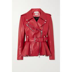 Alexander McQueen Belted Zip Detailed Leather Peplum Biker Jacket - Red
