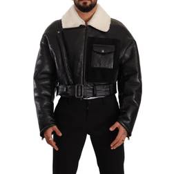 Dolce & Gabbana Black Leather Shearling Biker Coat Jacket IT48
