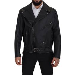 Dolce & Gabbana Black Leather Biker Coat Zipper Jacket IT46