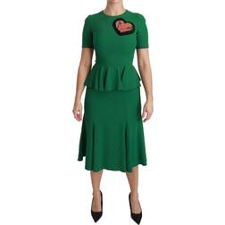 Dolce & Gabbana Green Heart Patch Mermaid Midi Viscose Dress IT36