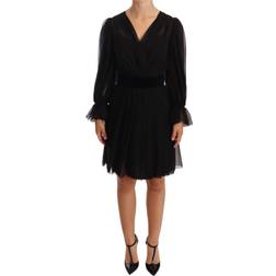 Dolce & Gabbana Black Mesh Pleated Mini Silk Stretch Dress IT38
