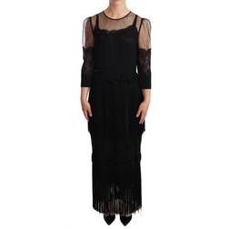 Dolce & Gabbana Black Sheer Floral Lace Crystal Maxi Dress IT44