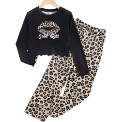 Shein Tween Girl Leopard & Letter Graphic Lettuce Trim PJ Set