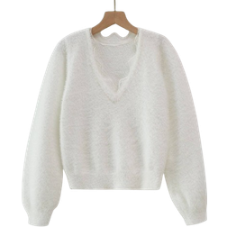 Shein Tween Girl Solid Contrast Lace Trim Lantern Sleeve Sweater