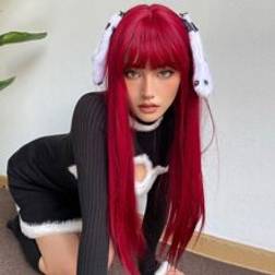 Shein Natural Wine Red Cosplay Synthetic Wigs Long Straight Hair with Bangs for Women Party Daily Halloween Heat Resistant Wig
