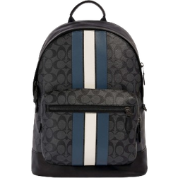 Coach West Backpack In Signature Canvas With Varsity Stripe - Gunmetal/Charcoal/Denim/Chalk