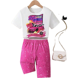 Shein Kids EVRYDAY Tween Girls' Car & Letter Print Top And Metallic Shorts 2pcs/Set