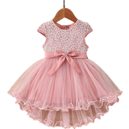 Shein Baby Girl Spring & Summer Pattern Embroidery Mesh Stitching Front Short And Back Long Dress