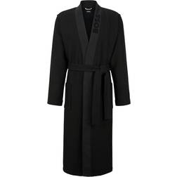 Hugo Boss Waffle Piqué Dressing Gown with Logo Embroidered Collar - Black