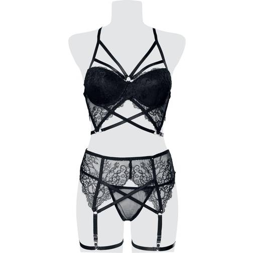 Grey Velvet 3 Part Lace Harness Bra Set Underwear Black • Pris 
