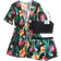 Shein Tropical Print Bikini Set Wireless Cami Top & Boxer Shorts & Open Front Kimono Piece Swimwear
