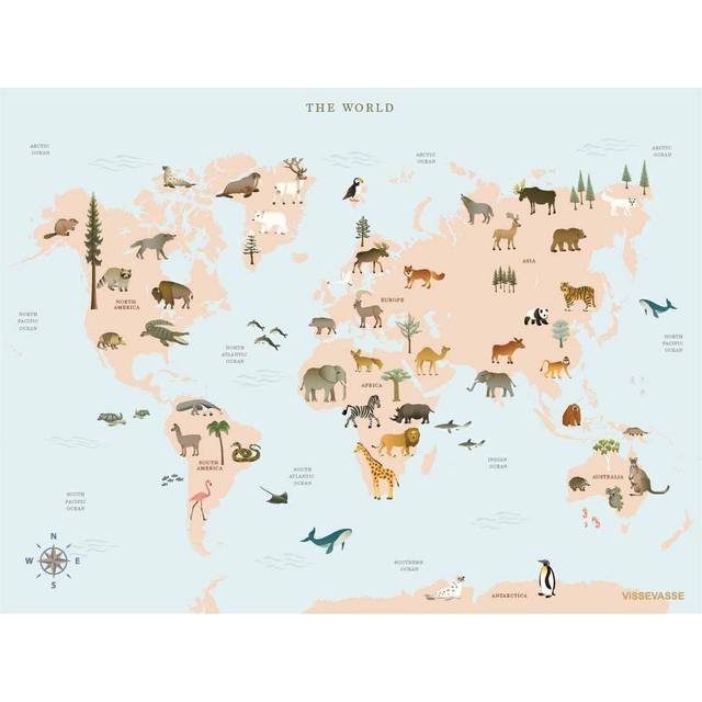 Vissevasse World Map Animals Plakat 40x30cm - Gaver til 2 årig - TIl den lille